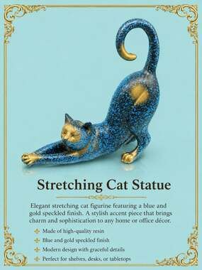 Creative Resin Stretching Cat Statue Figurine with Blue and Gold Speckled Finish